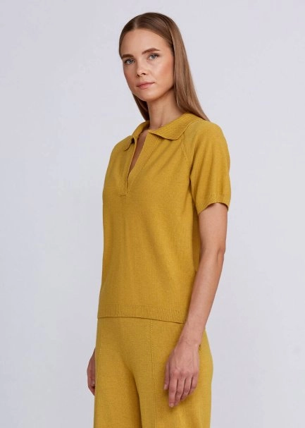 Cashmere Blend Polo Neck Mustard Knit Top - 4