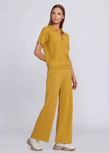 Cashmere Blend Polo Neck Mustard Knit Top - 6