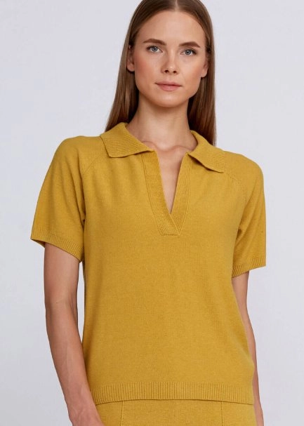 Cashmere Blend Polo Neck Mustard Knit Top - 7