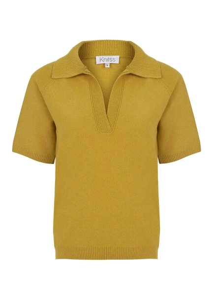 Cashmere Blend Polo Neck Mustard Knit Top - 8
