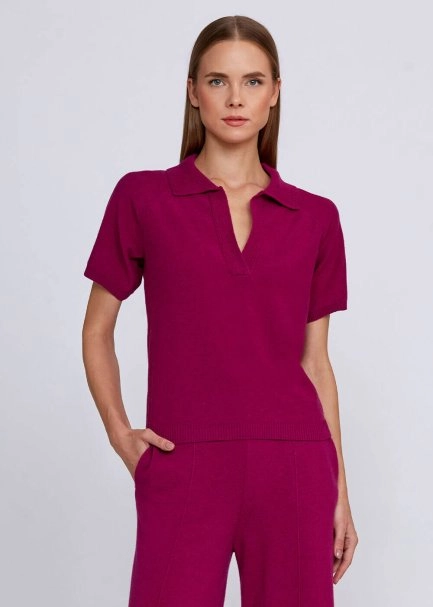 Cashmere Blend Polo Neck Pink Knit Top - 1