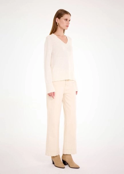 CASHMERE BLEND V NECK ECRU SWEATER - 6