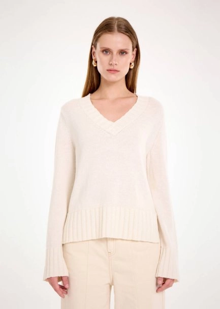 CASHMERE BLEND V NECK ECRU SWEATER - 1