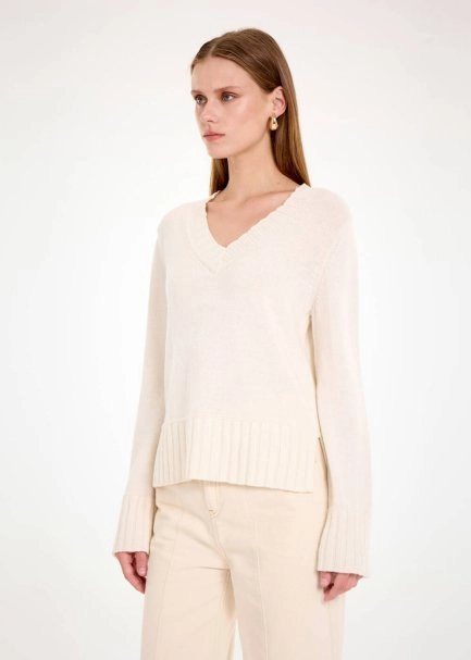 CASHMERE BLEND V NECK ECRU SWEATER - 3