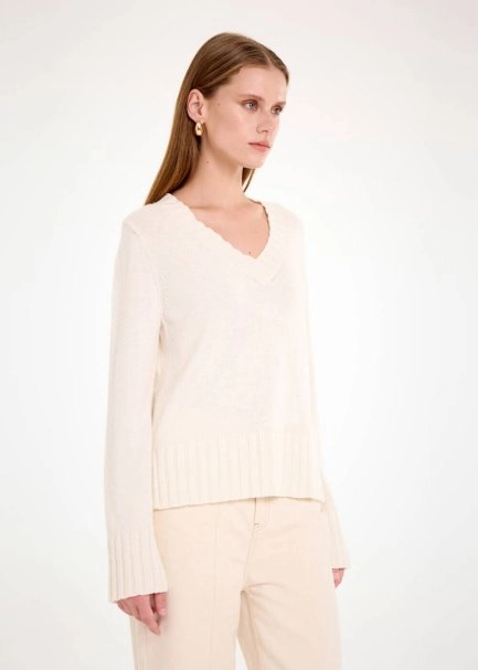 CASHMERE BLEND V NECK ECRU SWEATER - 5