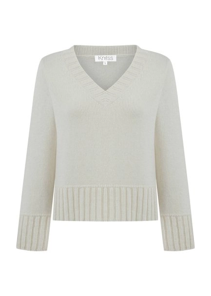 CASHMERE BLEND V NECK ECRU SWEATER - 9