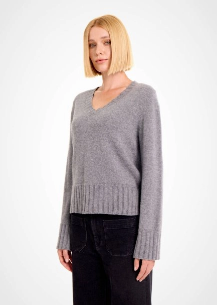 CASHMERE BLEND V NECK MID GREY SWEATER - 3
