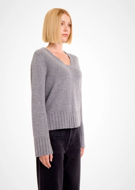 CASHMERE BLEND V NECK MID GREY SWEATER - 4