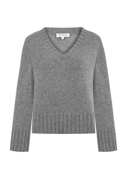 CASHMERE BLEND V NECK MID GREY SWEATER - 6