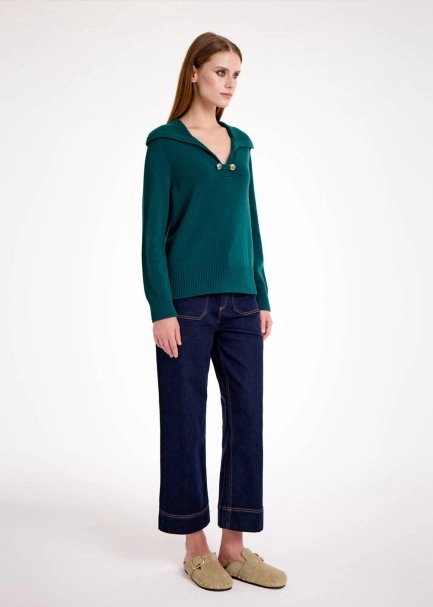 CASHMERE BLEND WIDE COLLAR MALACHITE SWEATER - 6