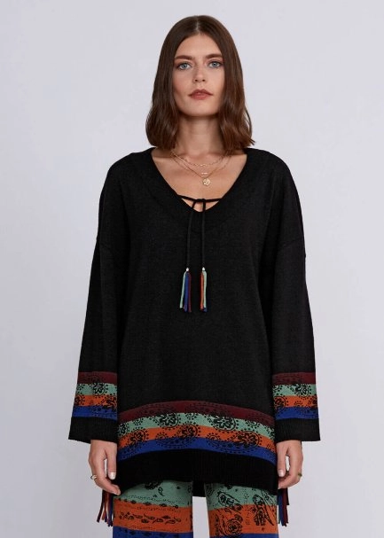 Cashmere Wool Blend V Neck Black Knit Tunic - 1