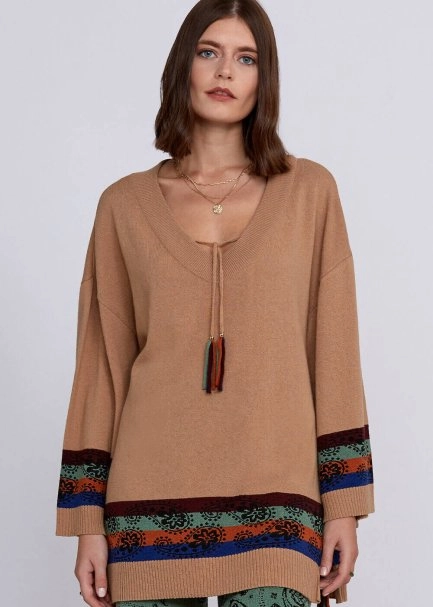 Cashmere Wool Blend V Neck Camel Knit Tunic - 7
