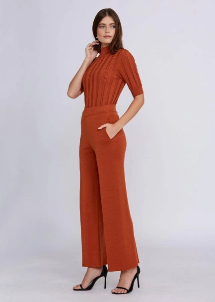 Cep Detaylı Turuncu Merino Yün Triko Pantolon - 2