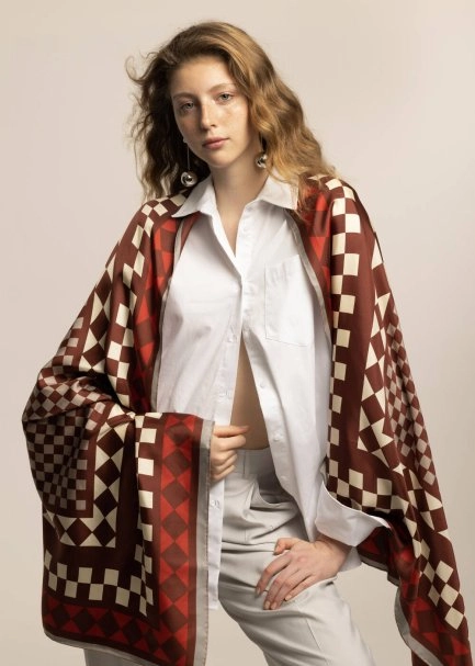 CHECKERED PHERAHS LOGOED PURE SILK SCARF - 1