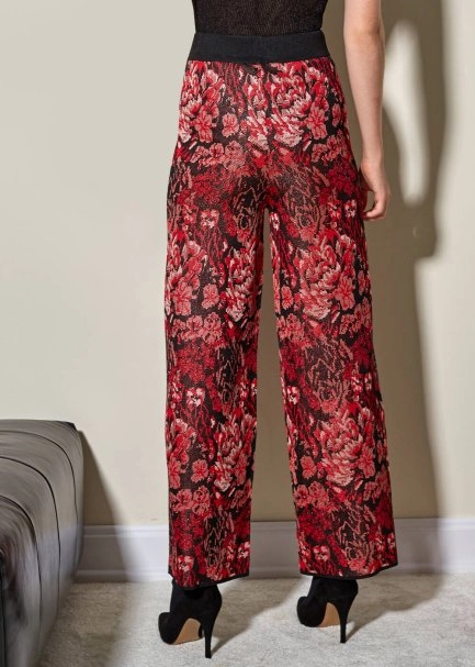 Çiçek Desen Kırmızı Triko Pantolon - 3