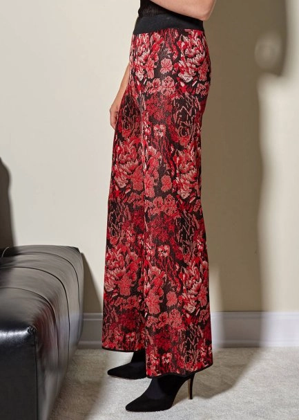 Çiçek Desen Kırmızı Triko Pantolon - 4