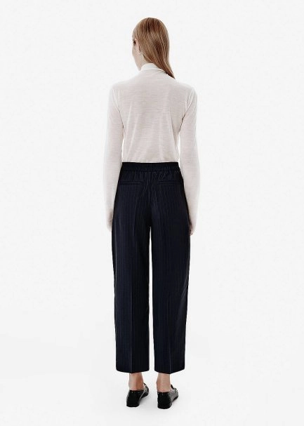 Cigarette Fit Pleat-Detail Navy Pants - 5