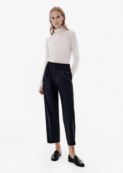 Cigarette Fit Pleat-Detail Navy Pants - 7
