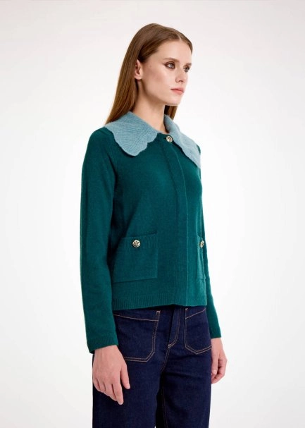 Çıkarılabilir Yaka Detaylı Yeşil Triko Hırka - 4