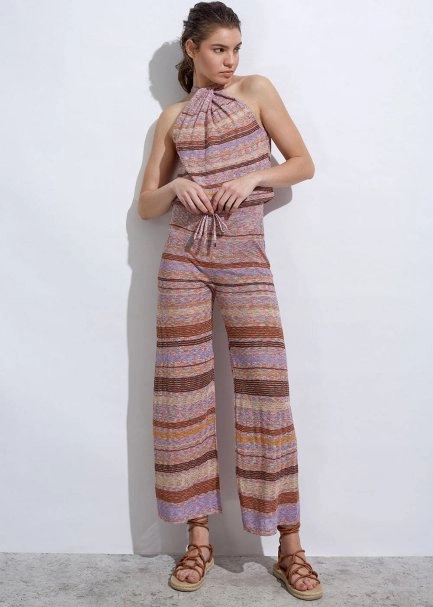 Çizgi Desenli Tarçın Lila Triko Pantolon - 2