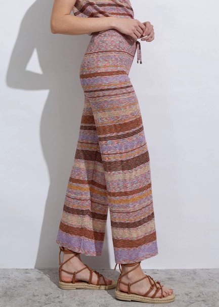 Çizgi Desenli Tarçın Lila Triko Pantolon - 3