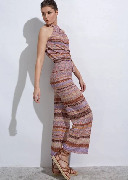 Çizgi Desenli Tarçın Lila Triko Pantolon - 5