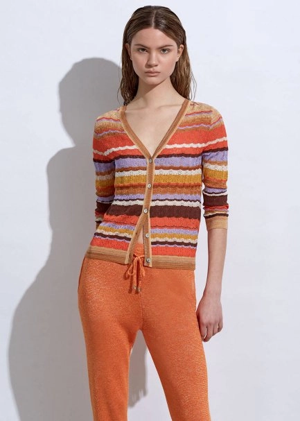 Çizgi Desenli Tarçın Rengi Triko Hırka - 1