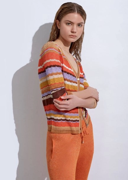 Çizgi Desenli Tarçın Rengi Triko Hırka - 5
