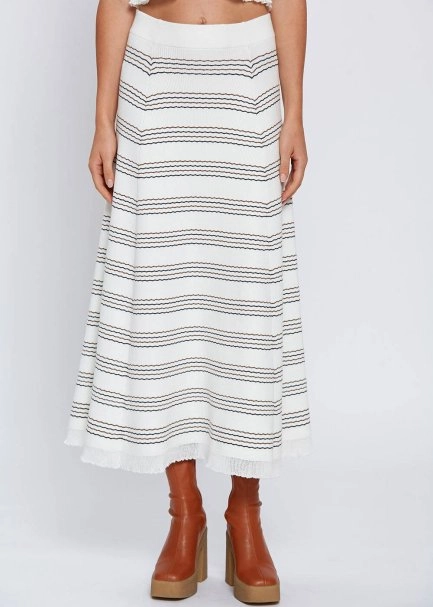 Çizgili Ekru Uzun Triko Etek - 2