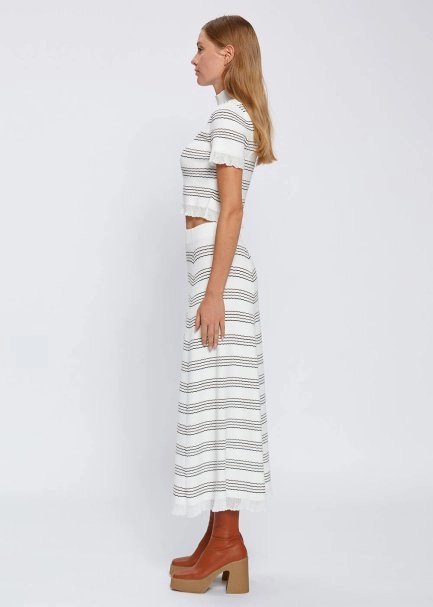 Çizgili Ekru Uzun Triko Etek - 3