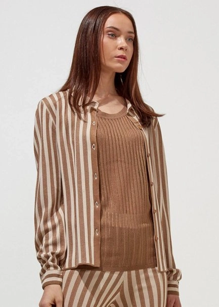 Çizgili Kum Beji Triko Gömlek - 1