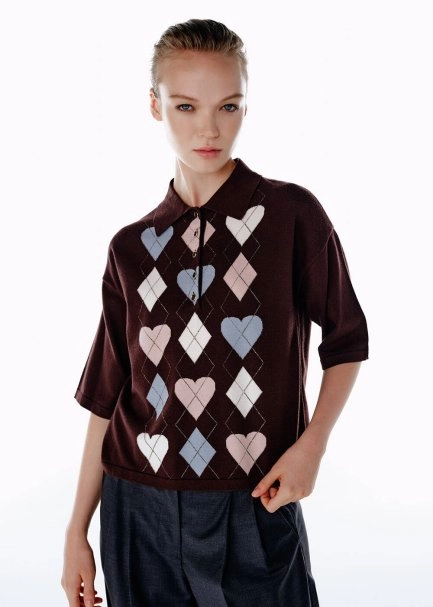 COFFEE HEARTED ARGYLE PATTERNED KNIT TOP - 1
