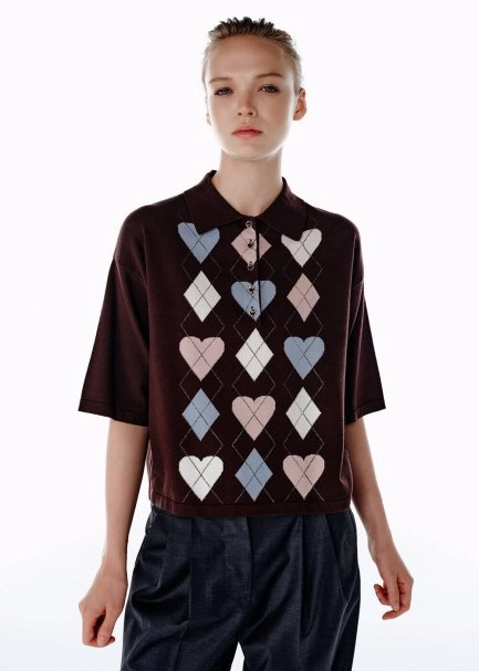 COFFEE HEARTED ARGYLE PATTERNED KNIT TOP - 3