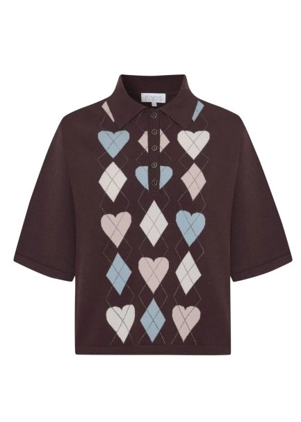 COFFEE HEARTED ARGYLE PATTERNED KNIT TOP - 6