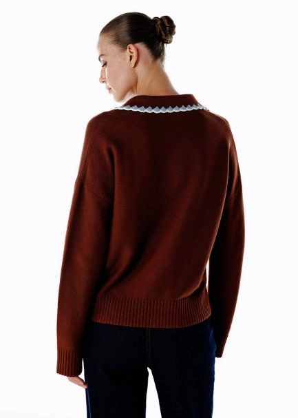 CONTRAST COLOR V NECK COFFEE SWEATER - 7