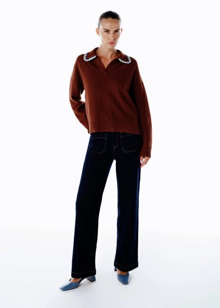 CONTRAST COLOR V NECK COFFEE SWEATER - 3