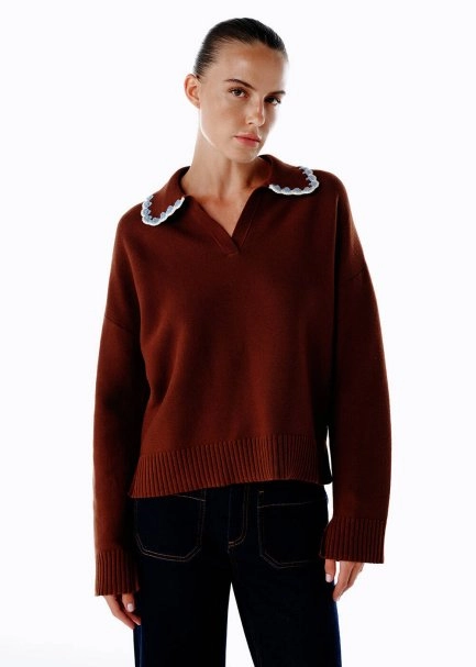 CONTRAST COLOR V NECK COFFEE SWEATER - 6