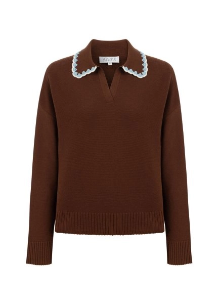 CONTRAST COLOR V NECK COFFEE SWEATER - 8