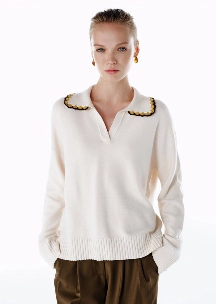 CONTRAST COLOR V NECK CREAM SWEATER - 3