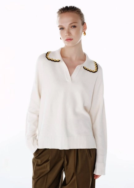 CONTRAST COLOR V NECK CREAM SWEATER - 4