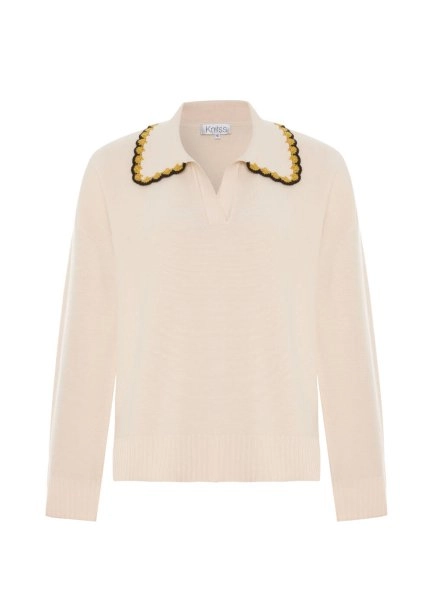 CONTRAST COLOR V NECK CREAM SWEATER - 6