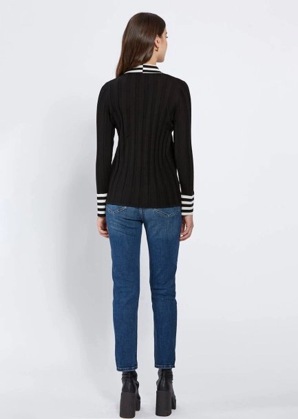 Contrast Detailed Merino Wool Black Knit Shirt - 5