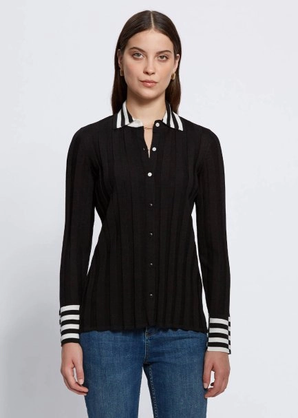 Contrast Detailed Merino Wool Black Knit Shirt - 1