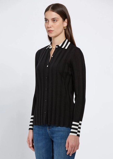 Contrast Detailed Merino Wool Black Knit Shirt - 3
