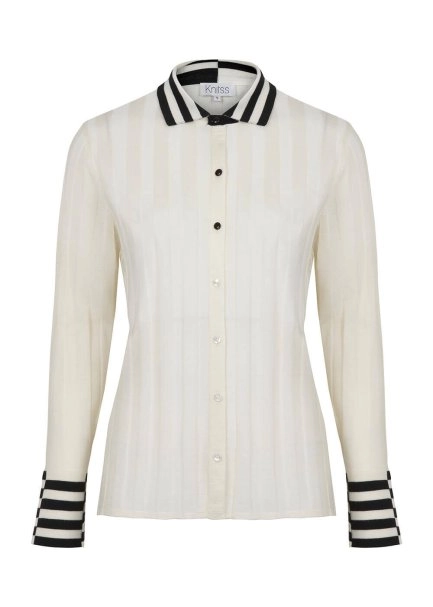 Contrast Detailed Merino Wool Ecru Knit Shirt - 6