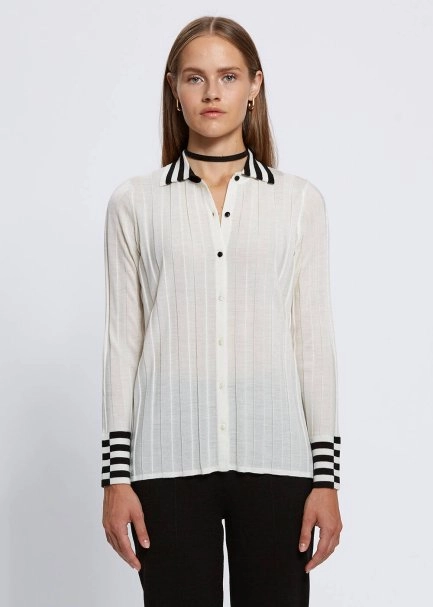 Contrast Detailed Merino Wool Ecru Knit Shirt - 1