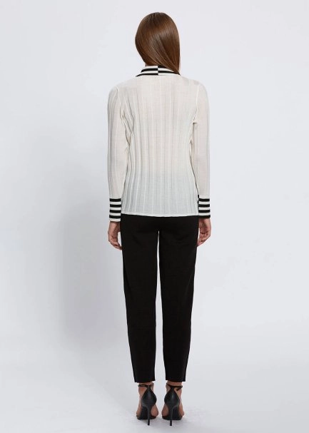 Contrast Detailed Merino Wool Ecru Knit Shirt - 5