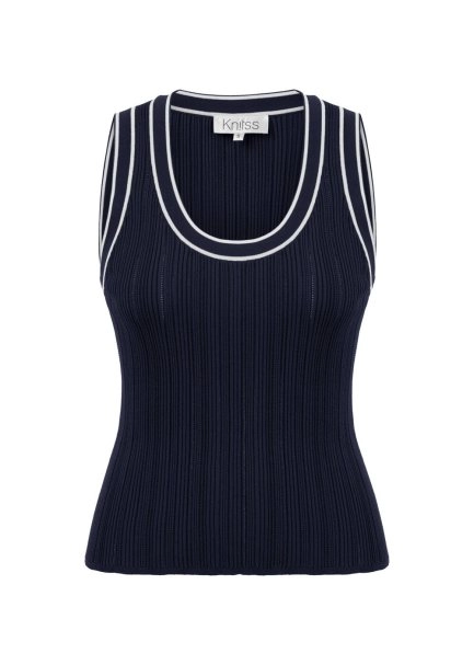CONTRAST DETAILED NAVY KNIT TOP - 6