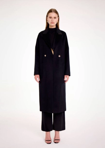 CONTRAST LAPEL DETAILED BLACK WOOL COAT - 1