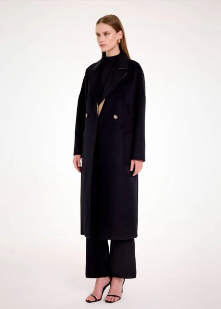 CONTRAST LAPEL DETAILED BLACK WOOL COAT - 3